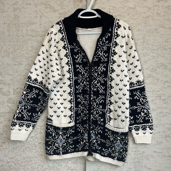 Vintage Jennifer Reed Hand Knit Chunky Sweater Cardigan Zip Patch Pockets Nordic - Picture 1 of 16
